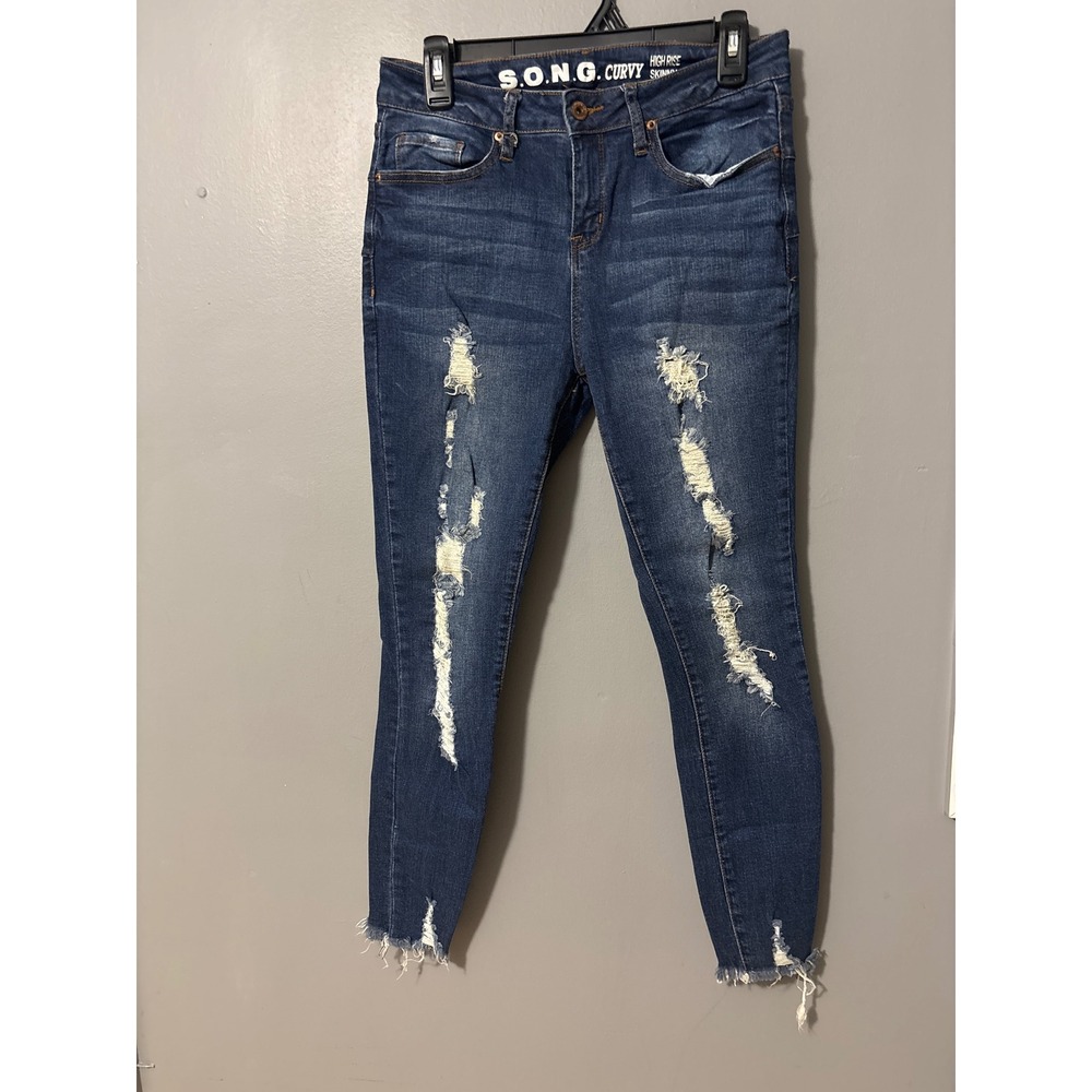 S.O.N.G. Curvy High Rise Skinny Ankle Jeans Distressed Dark Wash Size 7/28